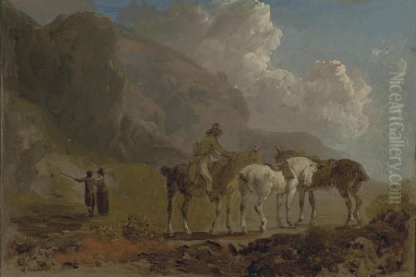 Study Of Horses And A Rider Oil Painting by Julius Caesar Ibbetson