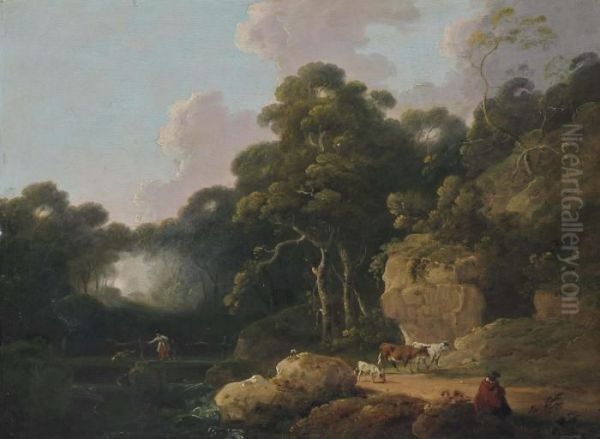 A Wooded River Landscape With A Drover And His Cattle Oil Painting by Julius Caesar Ibbetson