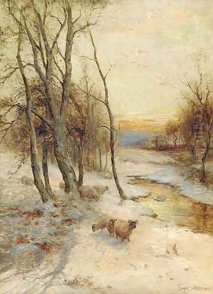 Sheep in a winter landscape, evening Oil Painting by Ernst Walbourn