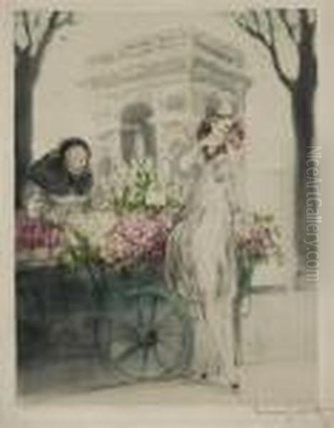 Marchande De Fleurs Devant Le Trocadero Oil Painting by Louis Icart