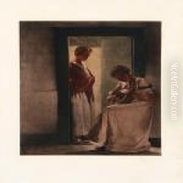 A Woman Plays Guitar In A Doorway Oil Painting by Peder Vilhelm Ilsted