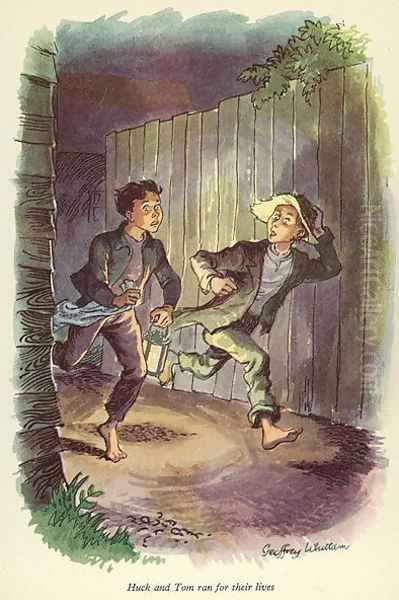 Huck and Tom ran for their lives', illustration from 'The Adventures of Tom Sawyer by Mark Twain (1835-1910) Oil Painting by Geoffrey Whittam