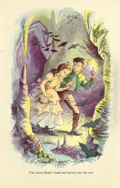 Tom seized Becky's hand and hurried into the cave', illustration from 'The Adventures of Tom Sawyer by Mark Twain (1835-1910) Oil Painting by Geoffrey Whittam