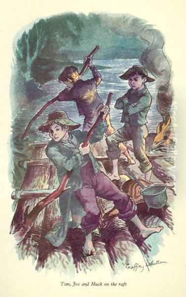 Tom, Joe and Huck on the Raft', illustration from 'The Adventures of Tom Sawyer by Mark Twain (1835-1910) Oil Painting by Geoffrey Whittam