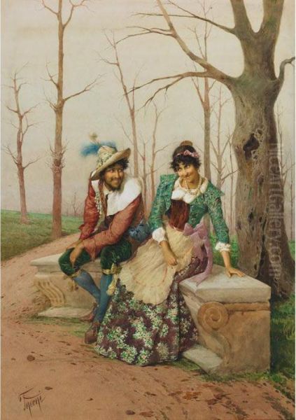 Flirting Couple Seated On Marble Bench Oil Painting by Filippo Indoni