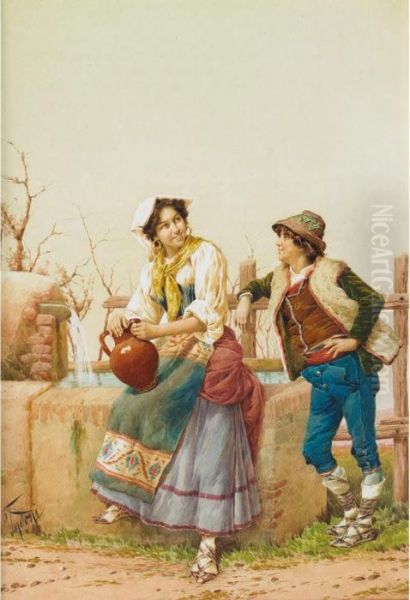 Young Couple At A Fence Oil Painting by Filippo Indoni