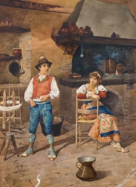 Due Giovani Popolani Conversano In Cucina Oil Painting by Filippo Indoni