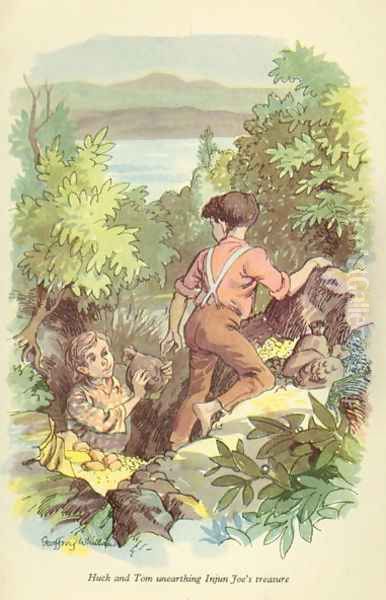 Huck and Tom unearthing Injun Joe's treasure', illustration from 'The Adventures of Tom Sawyer by Mark Twain (1835-1910) Oil Painting by Geoffrey Whittam