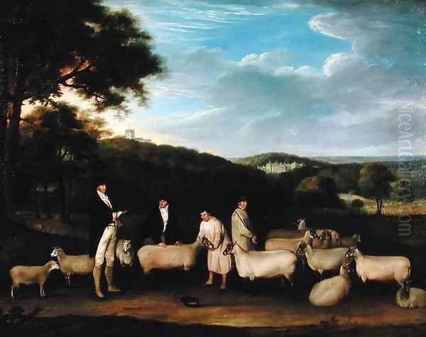 Portrait of Thomas William Coke, Esq. (1752-1842) inspecting some of his South Down sheep with Mr Walton and the Holkham shepherds Oil Painting by Thomas Weaver