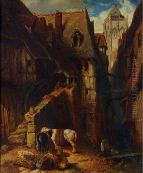 Town Scene With Rustic Watching Over His Horses Oil Painting by Eugene Isabey