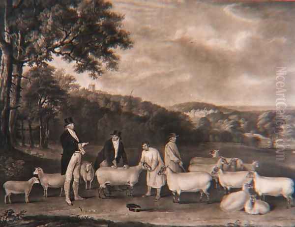 Portrait of Thomas William Coke, Esq. (1752-1842) inspecting some of his South Down sheep with Mr Walton and the Holkham shepherds, engraved by William Ward (1766-1826), 1808 Oil Painting by Thomas Weaver