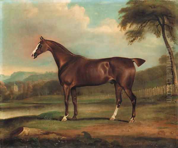 A Chestnut Hunter, in a landscape with a church beyond Oil Painting by Thomas Weaver