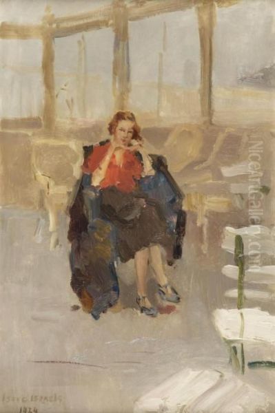 An Elegant Lady Sitting On The Pier Het Wandelhoofd Koningin Wilhelmina, Scheveningen Oil Painting by Isaac Israels