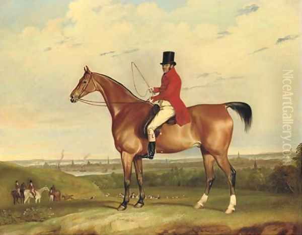 William Bolton Aspinall with the Hooton, Cheshire foxhounds, the River Mersey and Liverpool beyond Oil Painting by Thomas Weaver