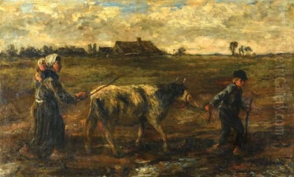 Children And Cow In The Field Oil Painting by Jozef Israels