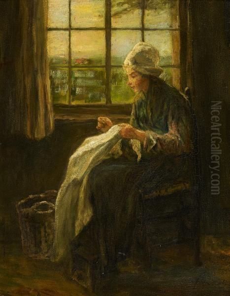 Woman Knitting By The Window Oil Painting by Jozef Israels