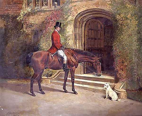 Portrait of the High Sheriff of the County of Rutland seated on his Bay Hunter before Hambleton Hall, 1889 Oil Painting by William Woodhouse