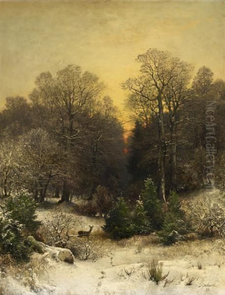 Dusk Over A Winter Forest Oil Painting by Sophus Jacobsen