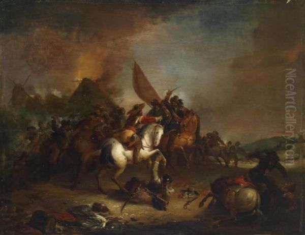 A Mounted Battle Oil Painting by Joseph Jacops