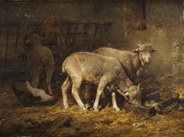 Moutons Et Poules Dans La Bergerie Oil Painting by Charles Emile Jacque