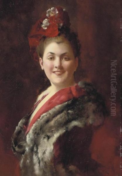 A Lady In A Fur-lined Cape Oil Painting by Gustave Jean Jacquet