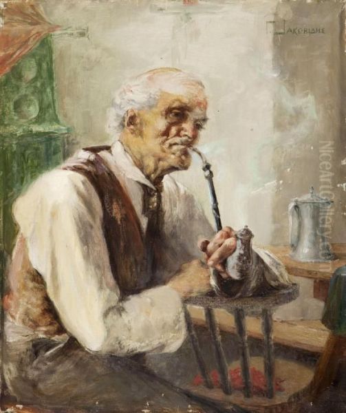 Old Man With Pipe Oil Painting by Georg Jakobides