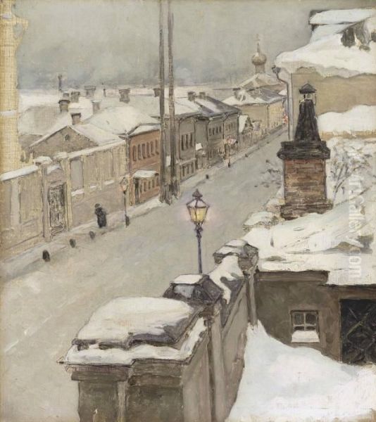 Moscow In Winter. View From The Window Onto Srednaia Kislovka Oil Painting by Maria Vasil'Evna Jakuncikova