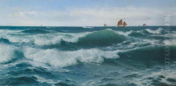 Waves Breaking In Shallow Waters With Boats Off To The Fishing Grounds Beyond Oil Painting by David James