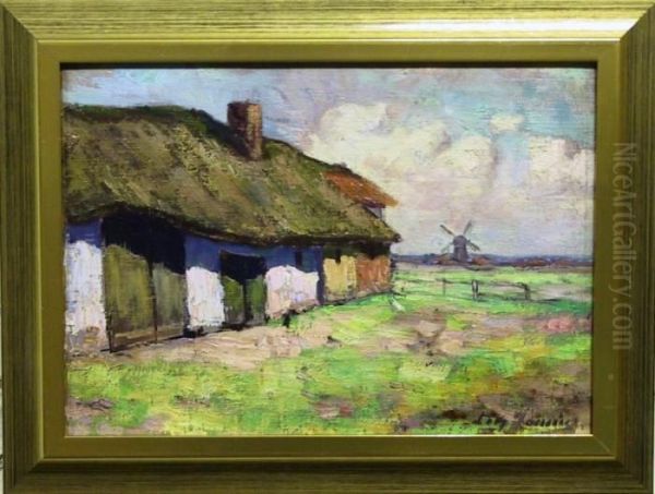 Vakwerkhoeve En Windmolen Te Helchteren Oil Painting by Leon Jamin