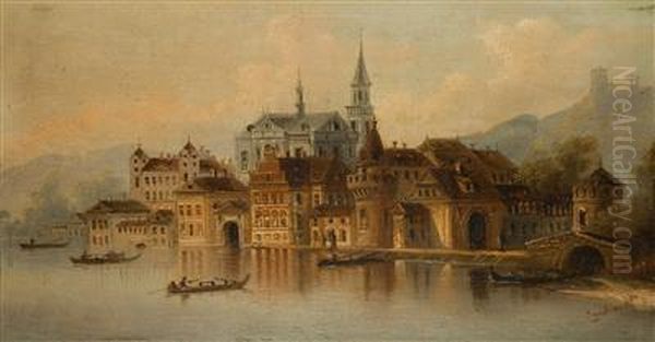 A Town By The River Oil Painting by J. Wilhelm Jankowski