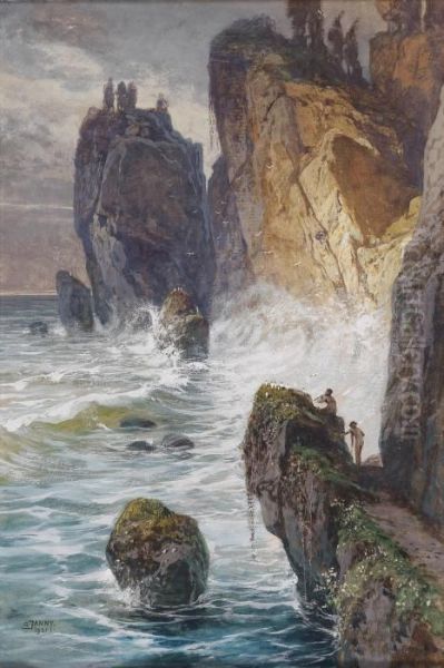 Mythological Motif With Fauns On A Rocky Coast Oil Painting by Georg Janny