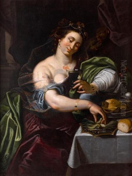 Allegorie Du Toucher : Singe 
Touchant Des Cerises Sur L'epaule D'une Jeune Femme Tenant Un Verre De 
Vin Oil Painting by Abraham Janssens van Nuyssen