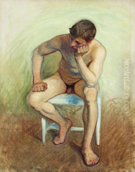 Seated Nude On White Chair Oil Painting by Eugene Jansson