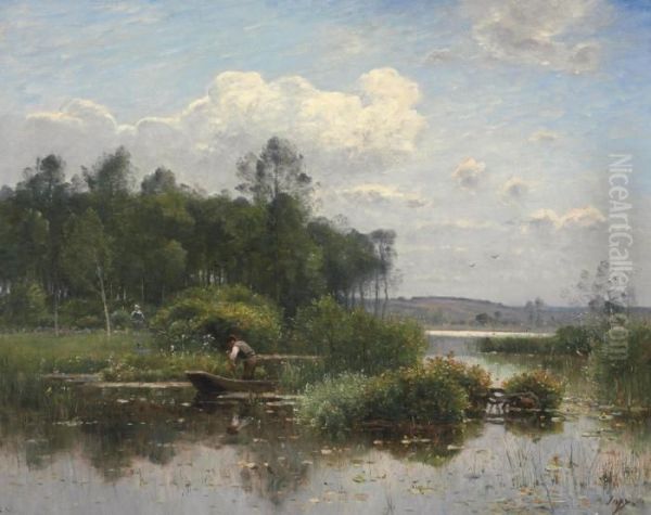 A Boatman In An Extensive River Landscape Oil Painting by Louis-Aime Japy