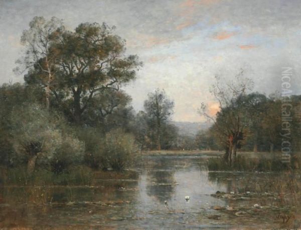 Twilight On Jourcey Pond Oil Painting by Louis-Aime Japy