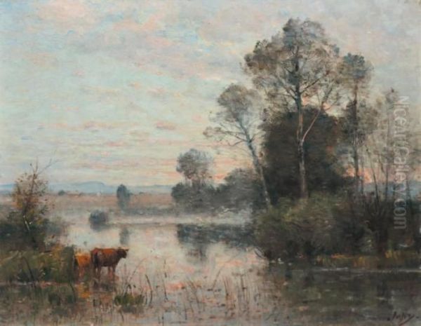 Vaches Au Bord De L'etang Oil Painting by Louis-Aime Japy