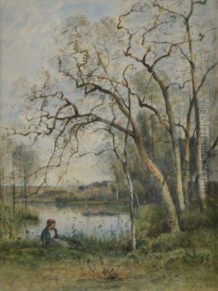 Jeune Femme Assise Au Bord D'une Riviere Oil Painting by Louis-Aime Japy