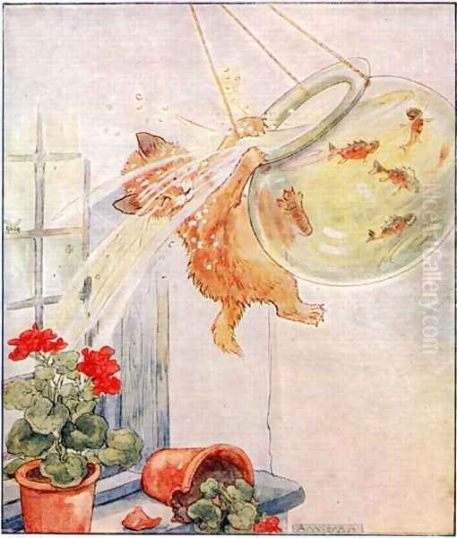 Poor naughty Cuddly Kitty jumps..., illustration from Cuddly Kitty and Busy Bunny, by Clara G. Denis, published by Thomas Nelson and Sons, Ltd., 192 Oil Painting by Alan Wright