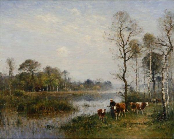 Herd Of Cows And A Farmer Oil Painting by Louis-Aime Japy