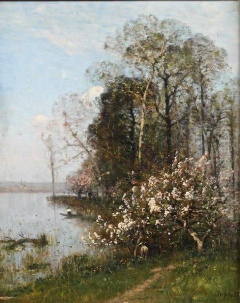 Pecheurs En Bord De La Riviere Avec Arbres En Fleurs Oil Painting by Louis-Aime Japy