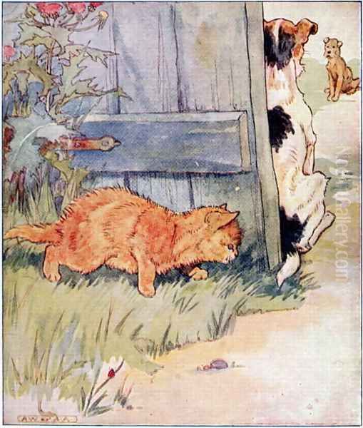 Sly Kitty thinks, A Joke Ill Play..., illustration from 'Cuddly Kitty and Busy Bunny', by Clara G. Dennis, published by Thomas Nelson and Sons, Ltd., 1926 Oil Painting by Alan Wright