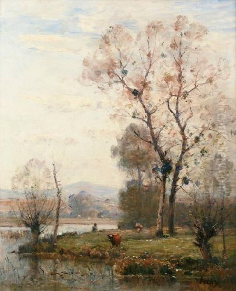 Vaches Au Bord De La Riviere Oil Painting by Louis-Aime Japy