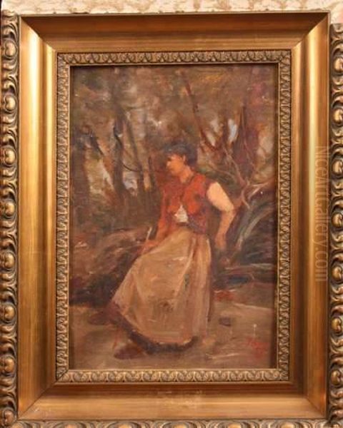 Jeune Femme Assies Sur Un Tronc D'arbre Oil Painting by Louis-Aime Japy