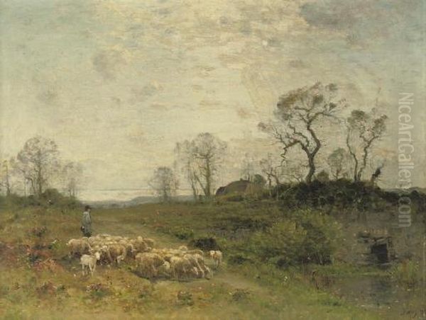 Leading The Sheep Across A Flowering Meadow Oil Painting by Louis-Aime Japy