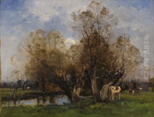 Cattle Grazing By A Pond Oil Painting by Louis-Aime Japy