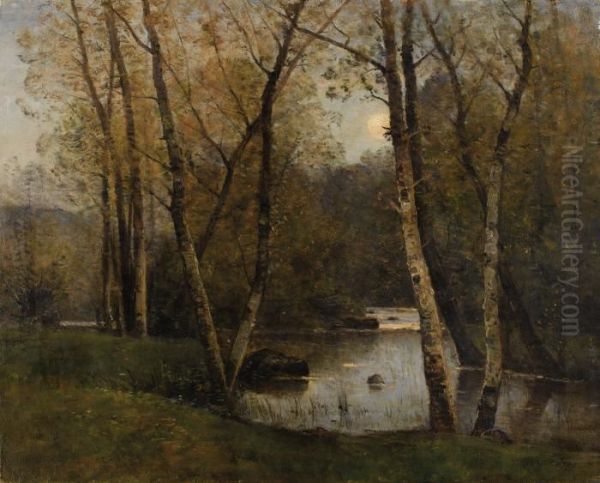 River Landscape With Birch Trees Oil Painting by Louis-Aime Japy