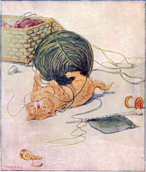 Wee Kitty thinks, I love to play..., illustration from Cuddly Kitty and Busy Bunny, by Clara G. Dennis, published by Thomas Nelson and Sons, Ltd., 1926 Oil Painting by Alan Wright