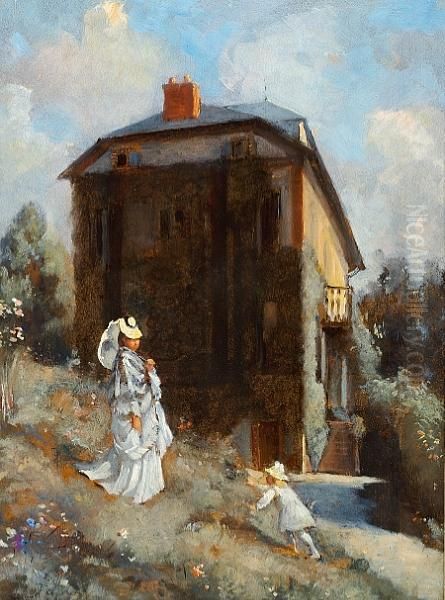 A Woman And A Child Outside A House Oil Painting by Louis-Aime Japy