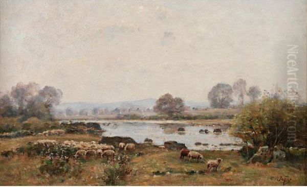 Les Moutons Dans La Prairie Presde L'etang Oil Painting by Louis-Aime Japy