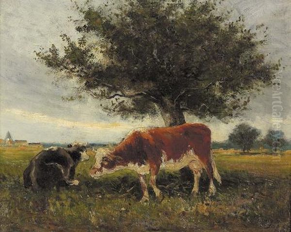 Zwei Kuhe Unter Einem Obstbaum. Oil Painting by Louis-Aime Japy